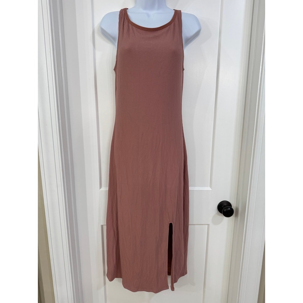 Joy Folie Lizetten Slip‎ Midi Dress Ribbed Knit Side Slit Mauve Rose S
